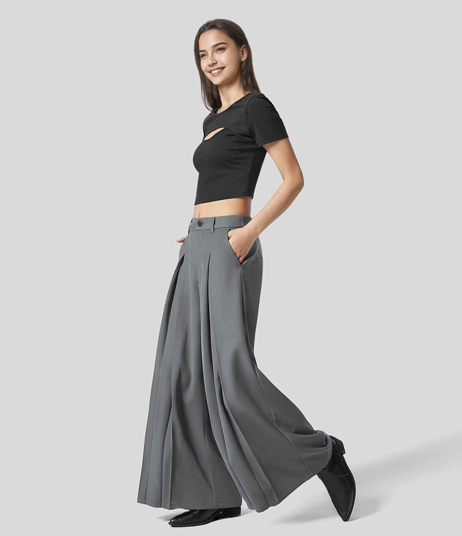 Jogginghosen Und Hosen HALARA | Hoch Taillierte, Plissierte Arbeits-Culottes Mit Weitem Bein Und Seitentasche