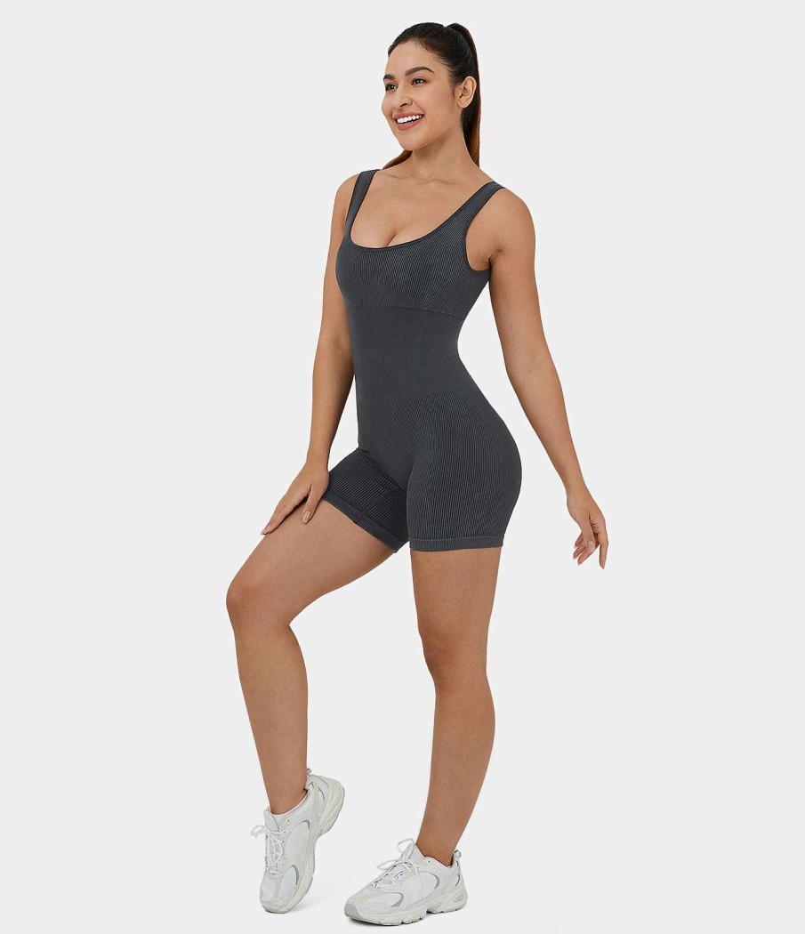 Kleidung HALARA Overalls | Nahtloser Flow U-Ausschnitt, Armellos, Ruckenfrei, Verwaschener Streifen-Trainingsoverall