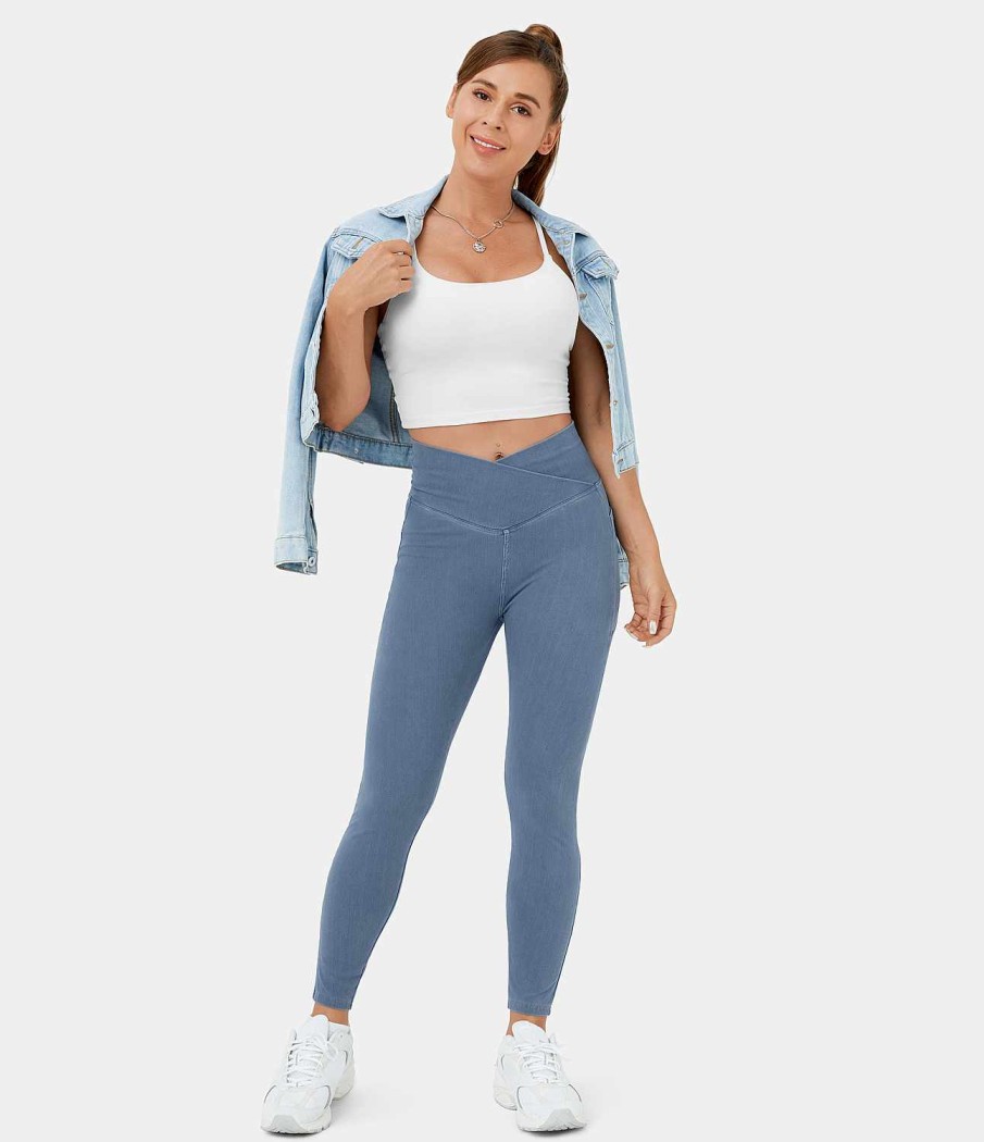 Denim HALARA | Lassige Leggings Aus Atmungsaktivem, Gewaschenem, Dehnbarem Denim Mit Uberkreuzten Taschen Von Halaramagic