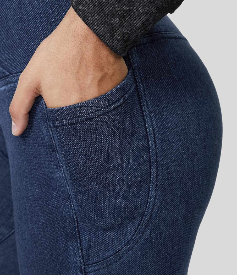 Denim HALARA | Halaramagic Lassige 7/8-Fleece-Leggings Aus Gewaschenem, Dehnbarem Strickdenim Mit Crossover-Seitentaschen