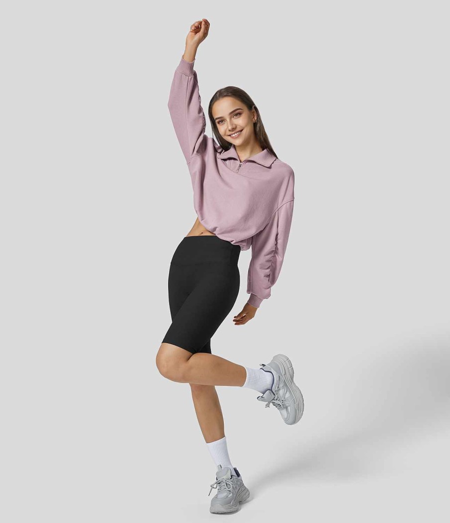 Oberteile HALARA | Sport-Sweatshirt Aus Baumwolle Mit Trichterkragen Und Halbem Reisverschluss, Geruscht Und Langarmlig