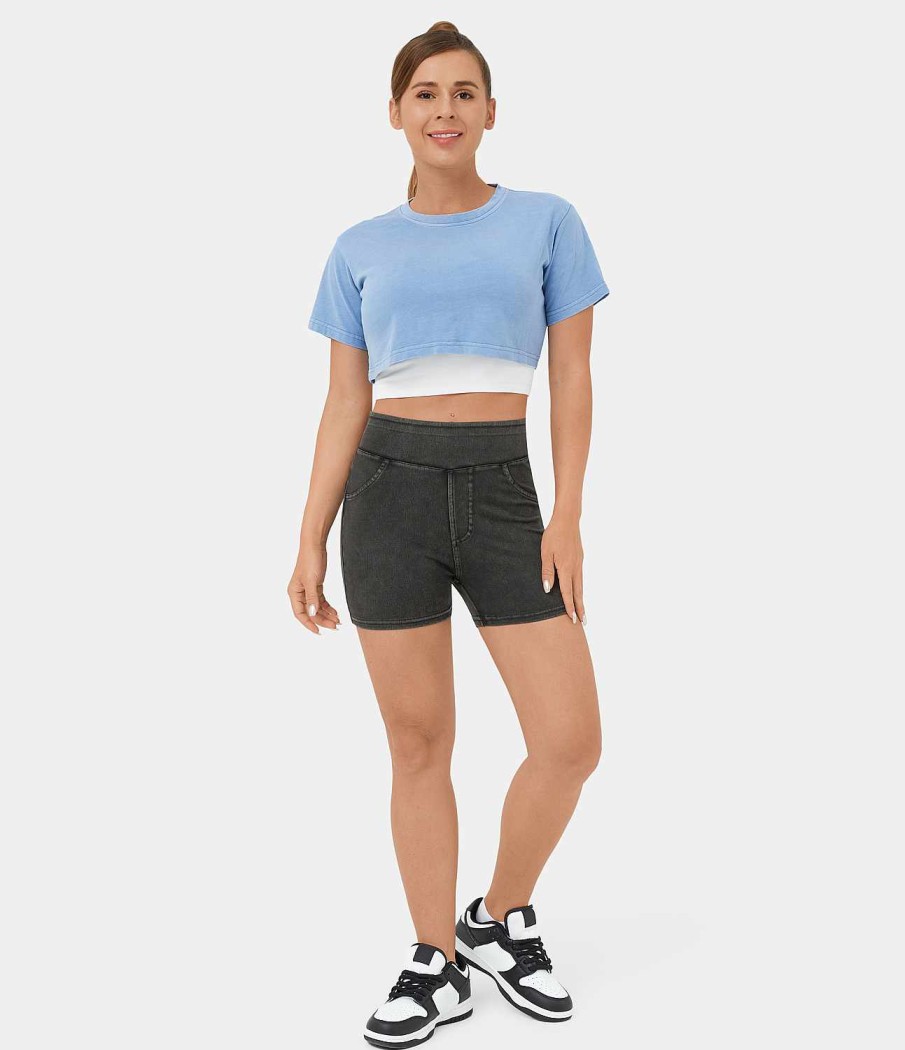 Denim HALARA | Halaramagic Hoch Taillierte Freizeitshorts Aus Elastischem Strickdenim Mit Seitentasche Hinten, 3 Zoll