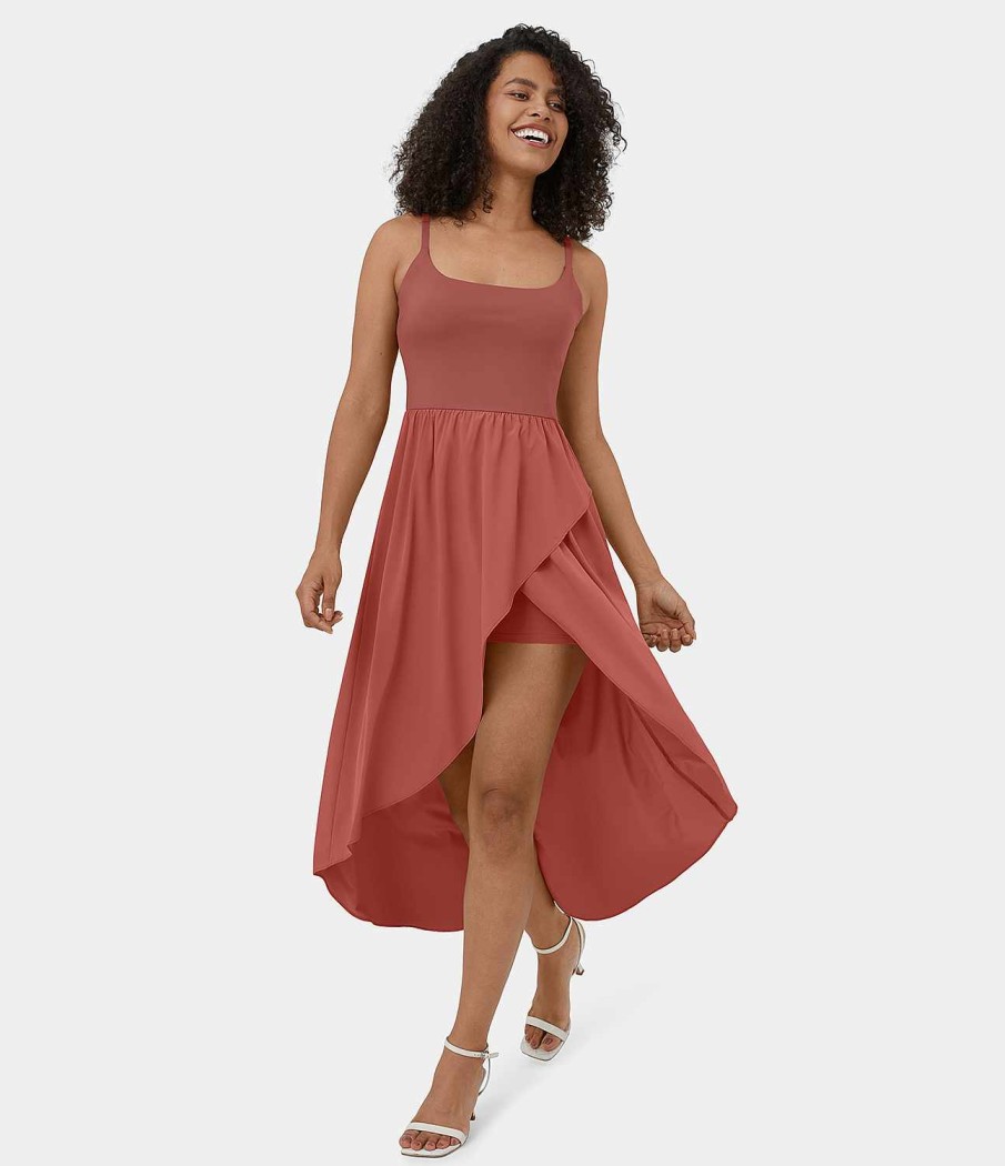 Kleider HALARA | Breezeful Ruckenfreies High-Low-2-Teiliges, Fliesendes, Schnell Trocknendes Midi-Freizeitkleid Mit Seitentaschen