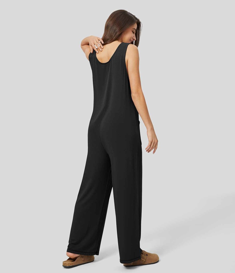 Kleidung HALARA Jumpsuits | Lassiger Overall Mit U-Ausschnitt, Armellosen Taschen Und Geradem Bein