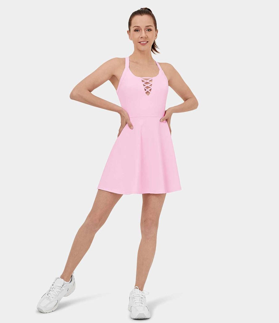 Kleider HALARA | Cloudful Air Fabric 2-In-1-Barre-Ballett-Cool-Touch-Tanzkleid Mit Ruckenfreiem Ausschnitt Und Uberkreuzten Seitentaschen