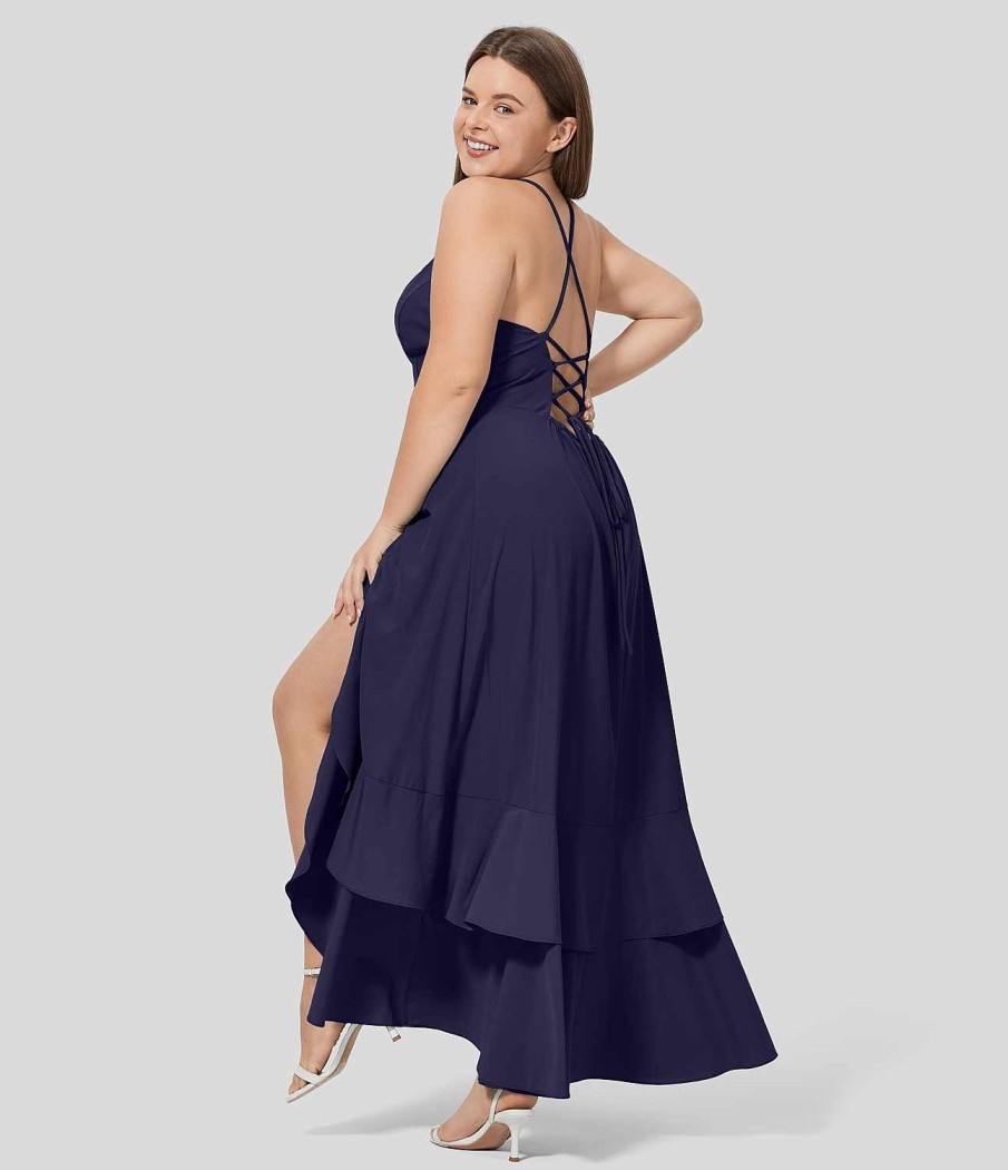 Plus + Kurve HALARA | Breezeful Ruckenfreies, Uberkreuztes, Schnurbares, Seitliches Reisverschluss-Ruschen-Maxikleid Mit Geteiltem Saum, Schnell Trocknendes, Lassiges Plus-Size-Kleid