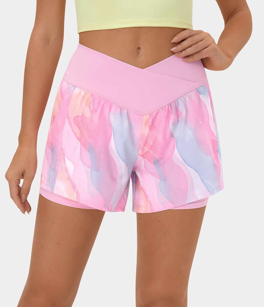 Shorts Und Biker HALARA | Breezeful Hoch Taillierte Crossover-Seitentasche 2-In-1-Aquarell-Schnell Trocknende Yoga-Shorts 4''