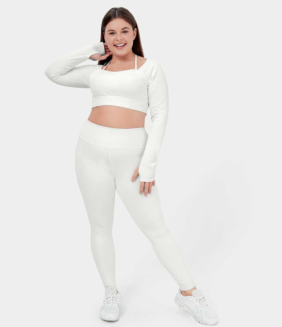 Plus + Kurve HALARA | Geripptes Neckholder-Trager-Daumenloch-Plus-Size-Cropped-Yoga-Sport-Top