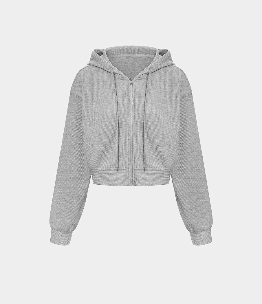 Oberteile HALARA | Lassiges Sport-Sweatshirt Aus Baumwolle Mit Waffelmuster, Kapuze, Kordelzug Und Reisverschluss