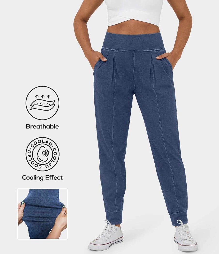 Leggings HALARA | Halaramagic Hoch Taillierte, Plissierte Cool-Touch-Jeans Aus Atmungsaktivem, Gewaschenem, Dehnbarem Strick Mit Hoher Taille Und Seitentaschen