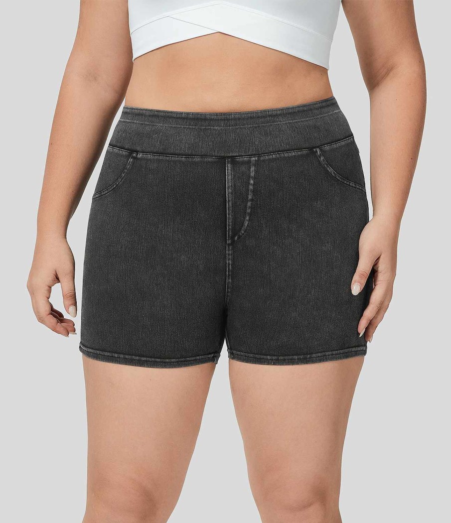 Denim HALARA | Halaramagic Hoch Taillierte, Seitliche Gesastasche, Dehnbarer Strick-Denim, Legere Shorts In Ubergrose, 7,6 Cm