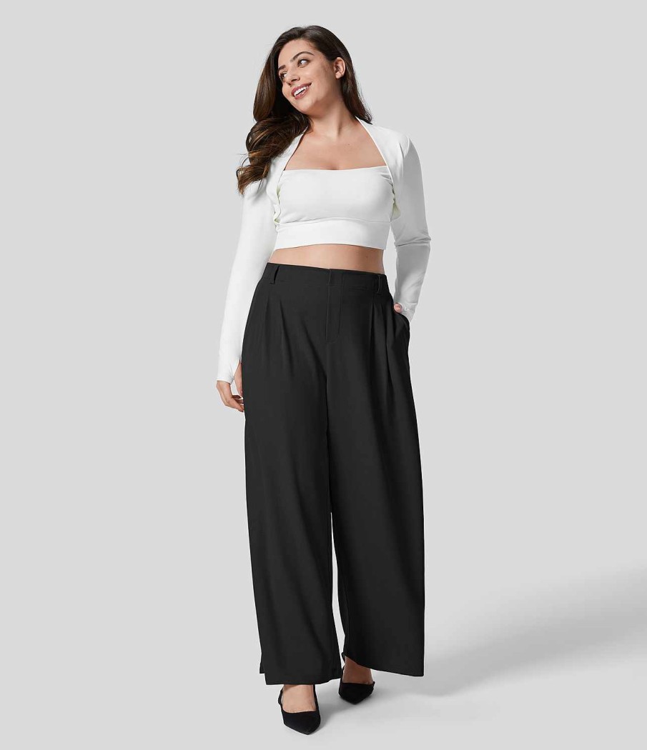 Plus + Kurve HALARA | Hoch Taillierte, Plissierte Seitentaschen, Weites Bein, Waffelmuster, Lassige Plus-Size-Hose