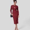 Kleider HALARA | Geripptes, Uberkreuztes, Langarmliges, Figurbetontes Midi-Partykleid Mit Geteiltem Saum