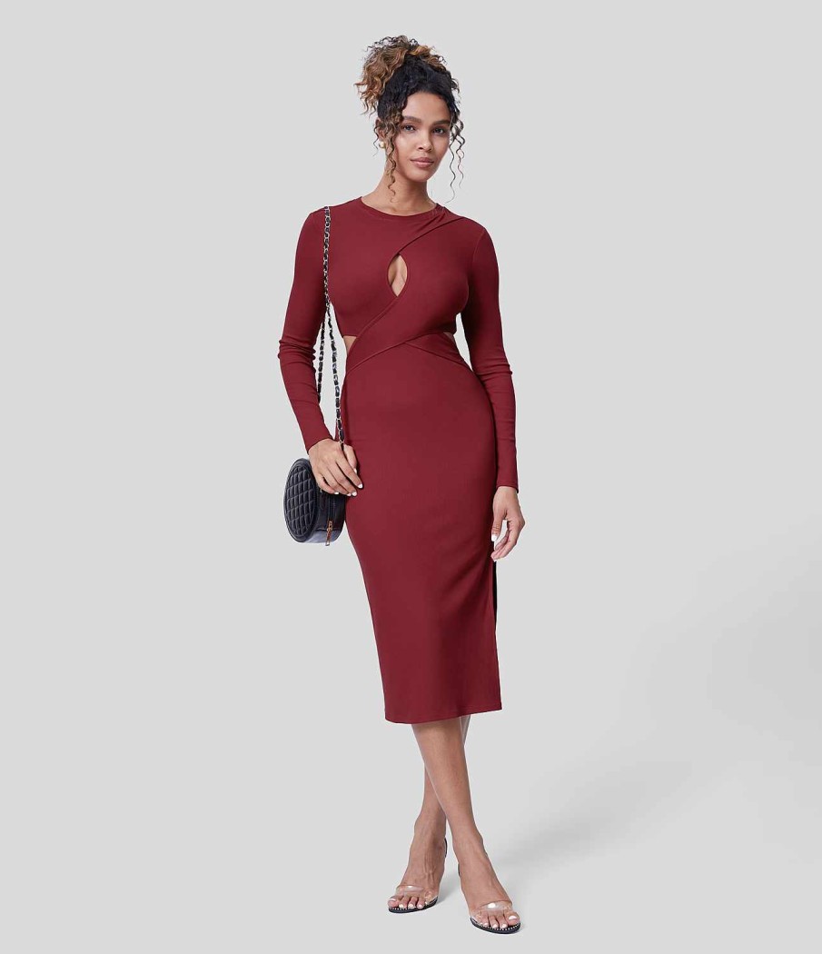 Kleider HALARA | Geripptes, Uberkreuztes, Langarmliges, Figurbetontes Midi-Partykleid Mit Geteiltem Saum