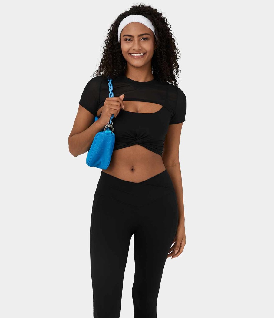 Kleidung HALARA Cropped Tops | Cloudful Air Fabric Contrast Mesh Twisted Crop 2-Teiliges Cool Touch Yoga-Sportoberteil