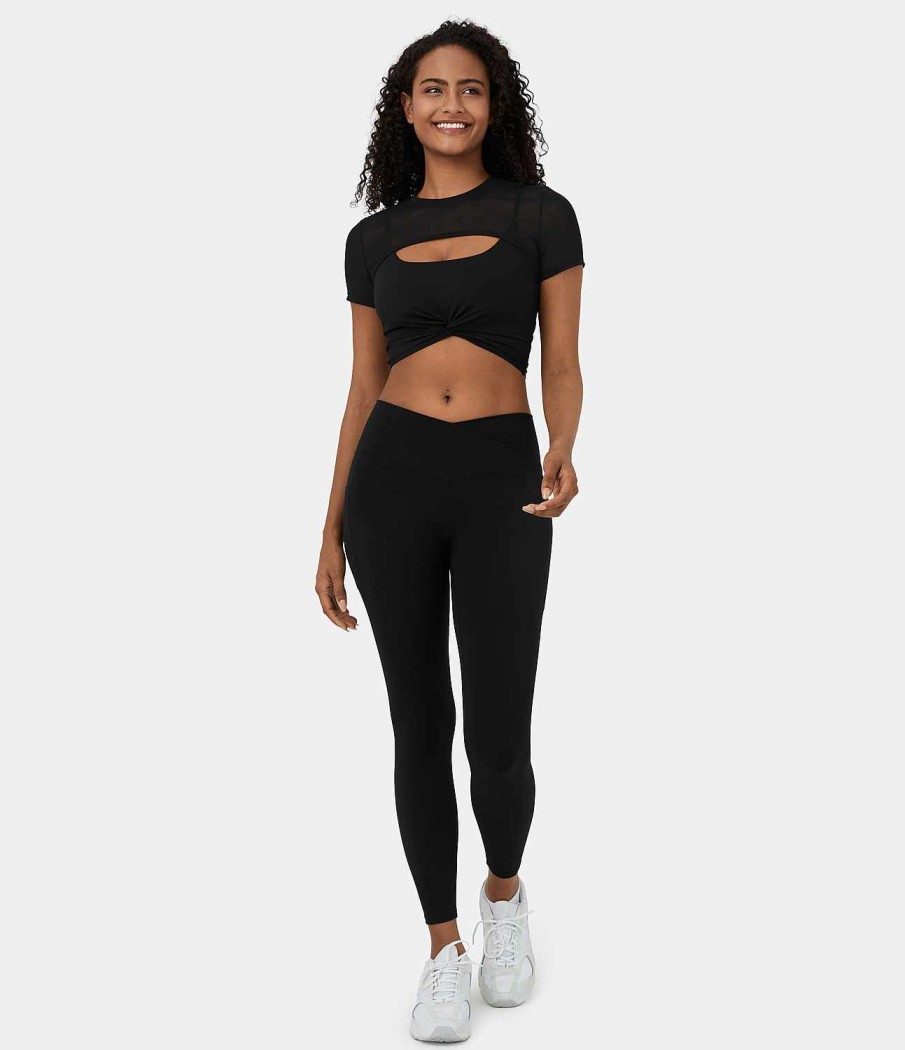 Kleidung HALARA Cropped Tops | Cloudful Air Fabric Contrast Mesh Twisted Crop 2-Teiliges Cool Touch Yoga-Sportoberteil