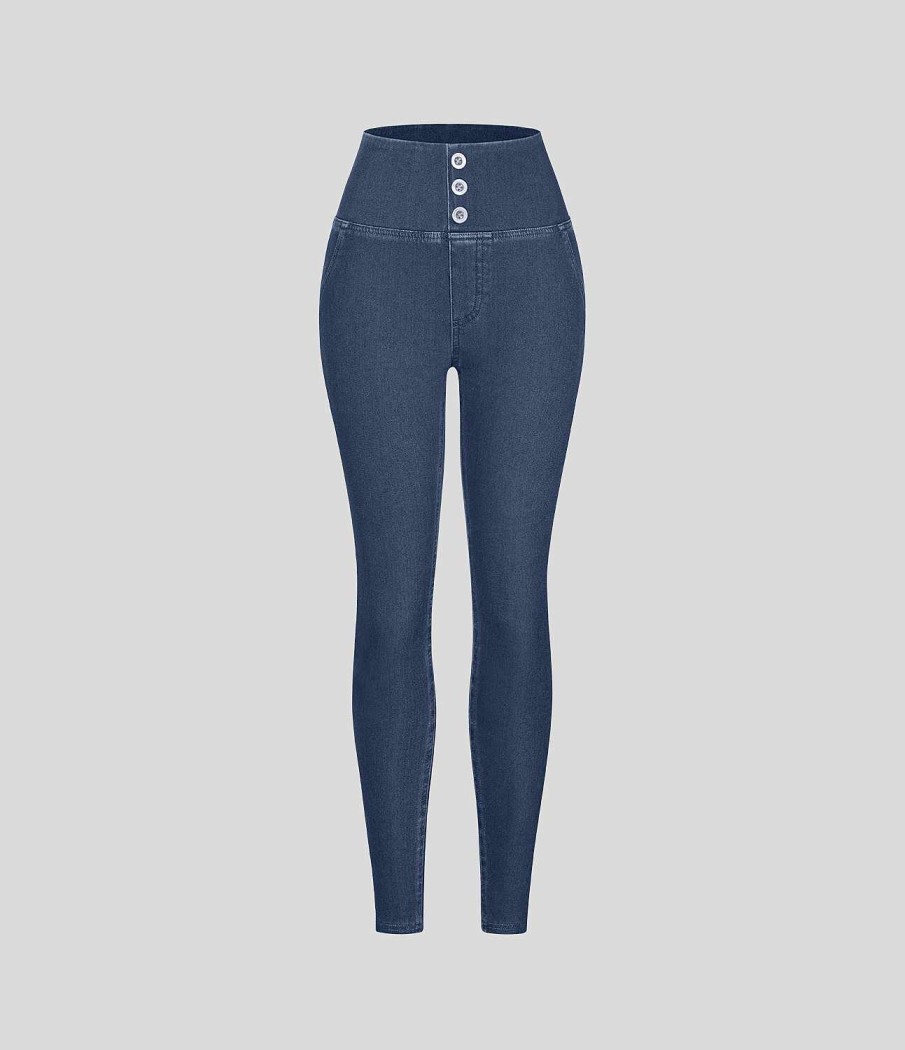 Denim HALARA | Halaramagic Lassige Leggings Aus Hoch Tailliertem, Geknopftem Po-Lifting-Denim Mit Coolem Touch, Atmungsaktiv, Gewaschen, Dehnbar