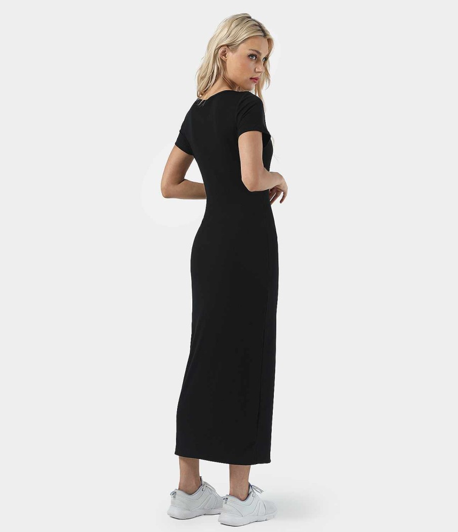 Kleider HALARA | Midi-Chill-Kleid Aus Rippstrick Mit V-Ausschnitt Und Knopfen Und Schlitzen