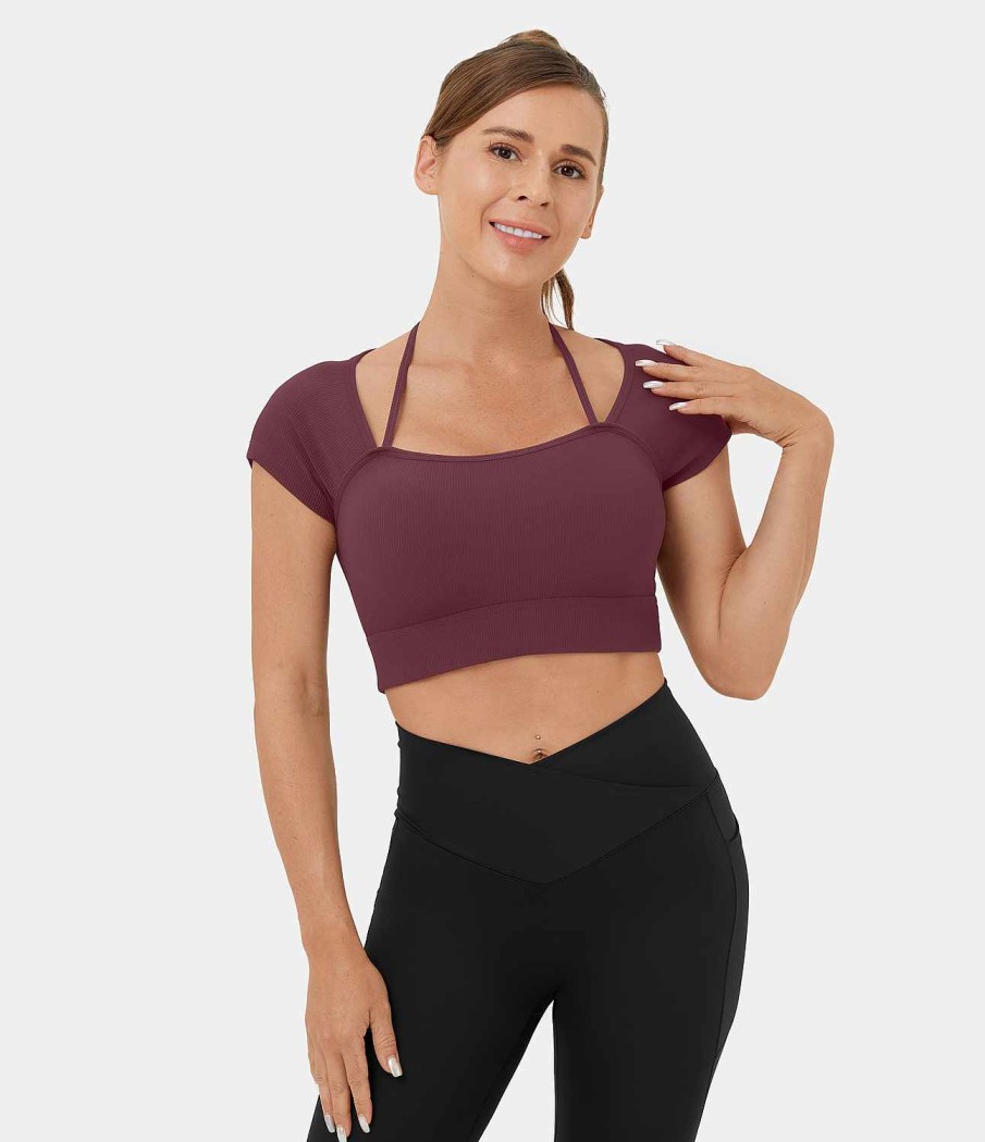 Kleidung HALARA Cropped Tops | Geripptes, Kurzarmliges, Kurzarmliges Yoga-Sportoberteil Mit Neckholder