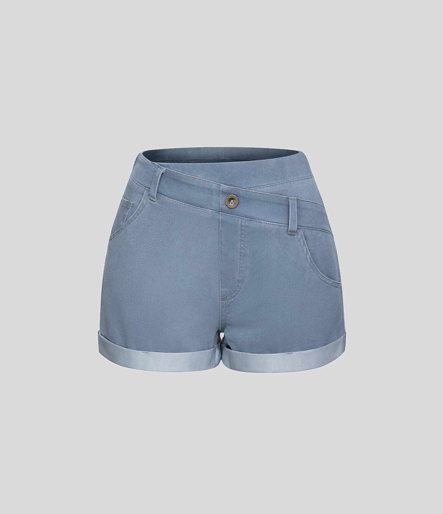 Shorts Und Biker HALARA | Halaramagic Hoch Taillierte Crossover-Knopf-Shorts Mit Mehreren Taschen, Gerollter Saum, Atmungsaktive Cool-Touch-Shorts Aus Gewaschenem, Dehnbarem Strick-Denim