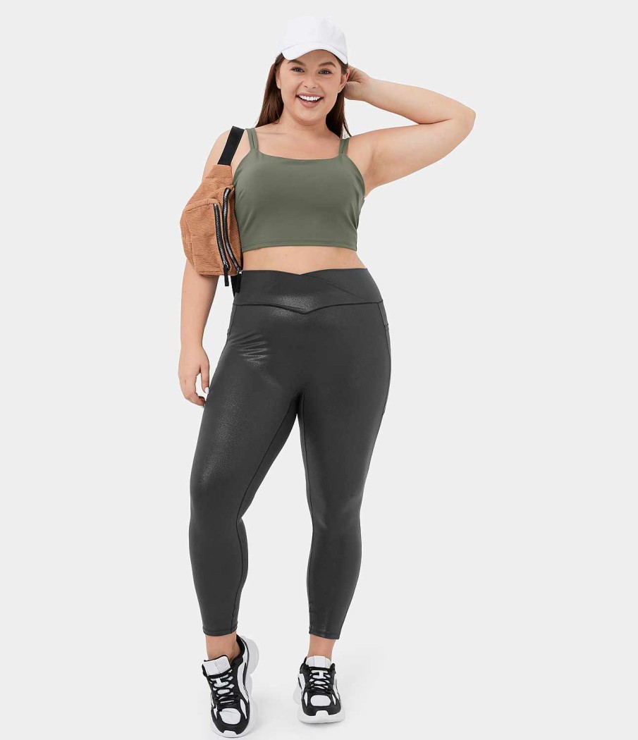 Rocke Und Skorts HALARA | Cloudful Shine Fabric Crossover Pocket Foliendruck Dehnbare Yoga 7/8 Plus Size Leggings Aus Kunstleder