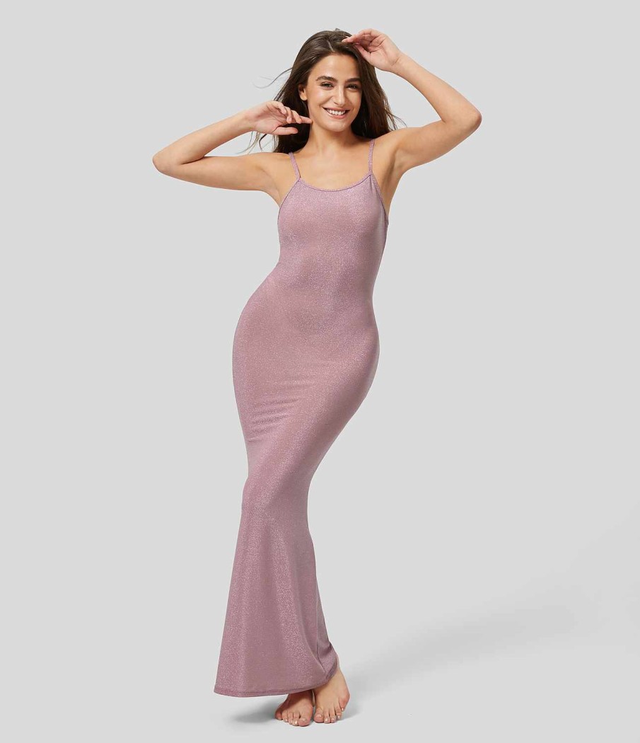 Kleider HALARA | Transparentes, Ruckenfreies, Figurbetontes Maxi-Slip-Partykleid Mit Verstellbaren Tragern In Metallic-Optik