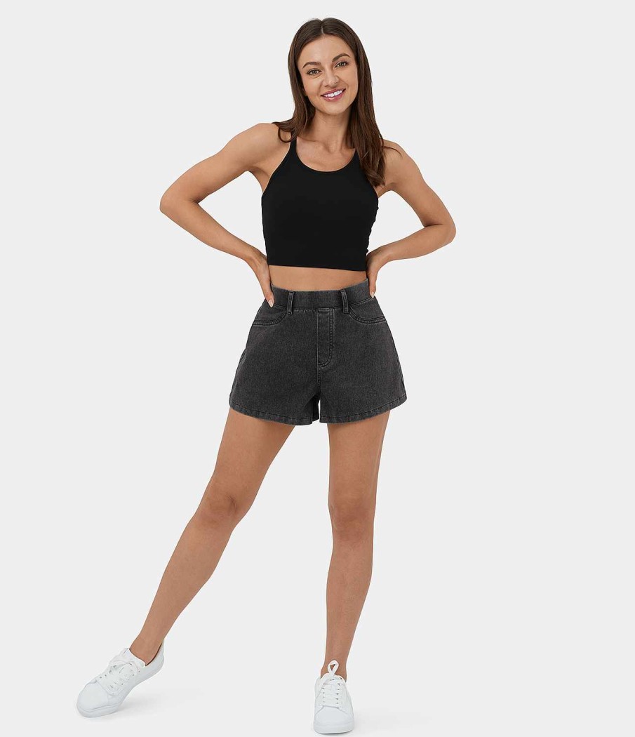 Denim HALARA | Halaramagic Freizeitshorts Aus Elastischem Strickdenim Mit Hoher Taille Und Seitentasche Auf Der Ruckseite, 2,5 Zoll