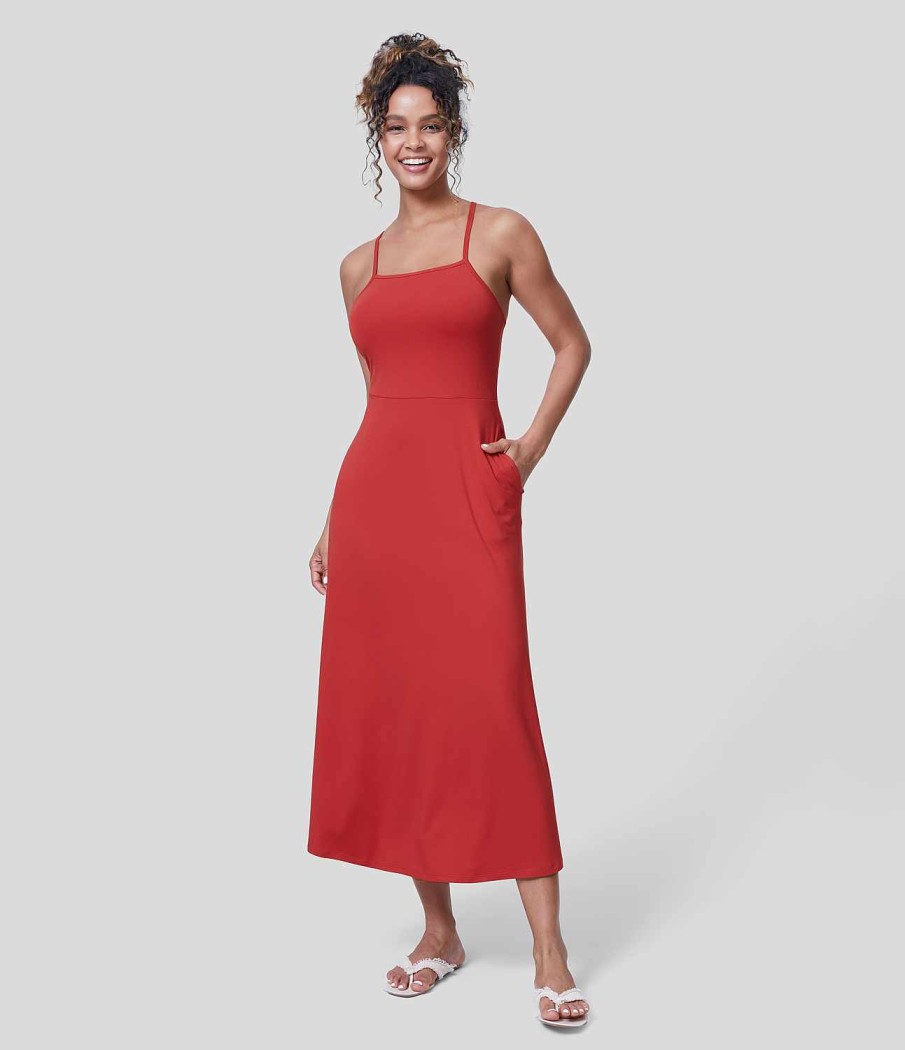 Kleider HALARA | Ruckenfreies, Lassiges Midi-Flare-Slip-Kleid Mit Schnurung Und Seitentaschen