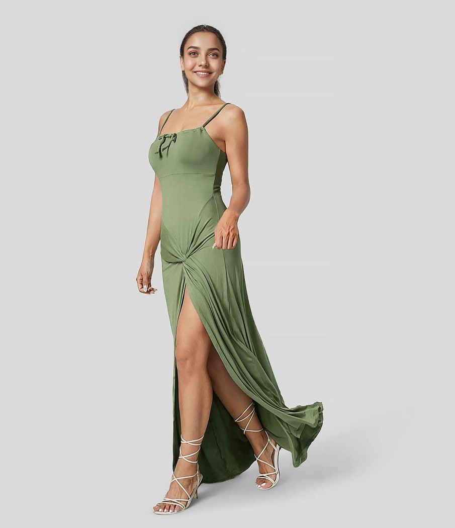 Kleider HALARA | Ruckenfreies, Verdrehtes Maxi-Freizeitkleid Mit Kordelzug Und Hohem Schlitz