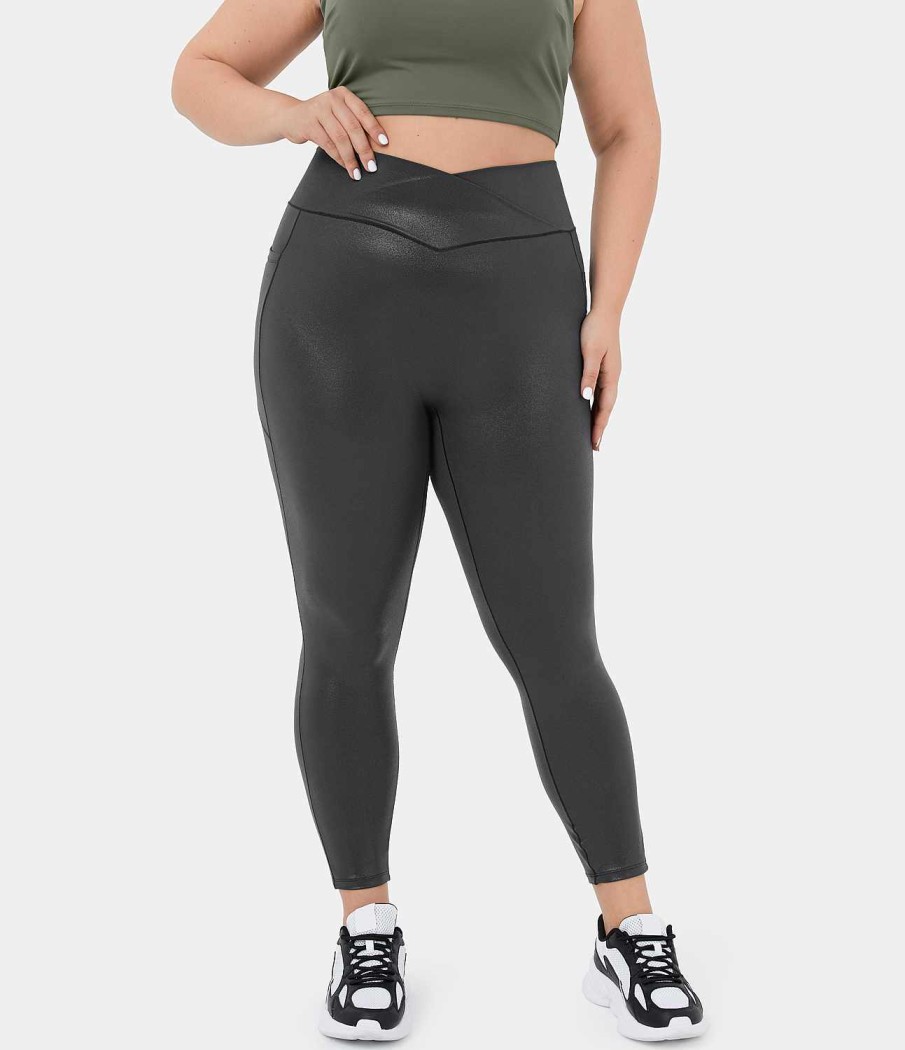 Rocke Und Skorts HALARA | Cloudful Shine Fabric Crossover Pocket Foliendruck Dehnbare Yoga 7/8 Plus Size Leggings Aus Kunstleder