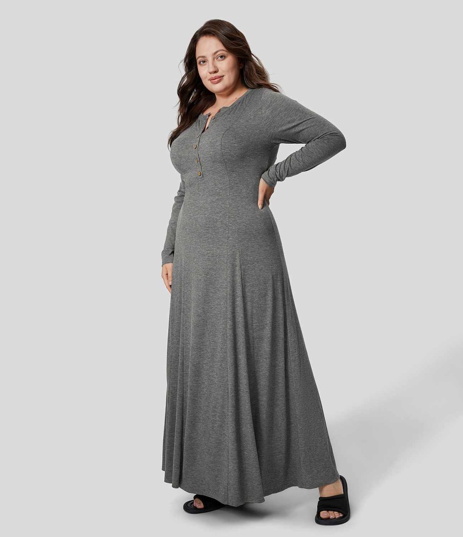 Plus + Kurve HALARA | Rundhals-Knopf-Langarm-Flare-Maxi-Freizeitkleid In Ubergrose