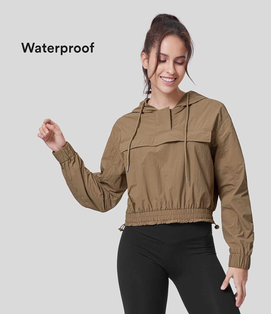 Oberteile HALARA | Wasserdichtes Kapuzenpullover Mit Kordelzug Und Knopf, Lange Armel, Tasche, Verstellbarer Saum, Wandersport-Sweatshirt