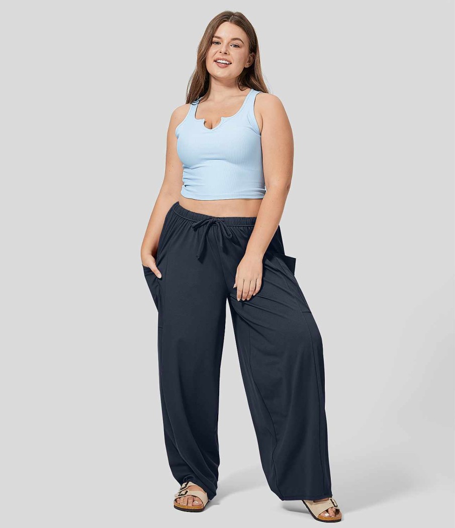 Plus + Kurve HALARA | Mittelhohe, Elastische Taille, Kordelzug, Seitentasche, Palazzo, Fliesende, Weite Beine, Lassige Plus-Size-Hose