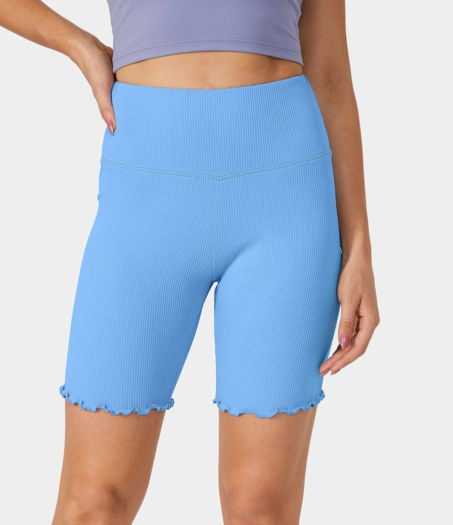 Kleidung HALARA Shorts Und Bikerhosen | Gerippte Strick-Yoga-Biker-Shorts Mit Hohem Bund Und Ruschen, 7 Zoll