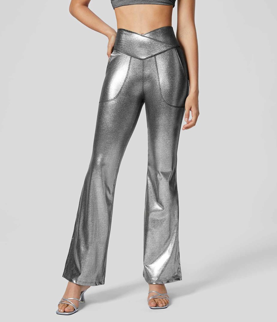 Rocke Und Skorts HALARA | Cloudful Shine Fabric Crossover-Leggings Mit Hoher Taille Und Seitentasche, Geteiltem Saum, Durchgehender Metallic-Foliendruck, Dehnbare Party-Flare-Leggings Aus Kunstleder