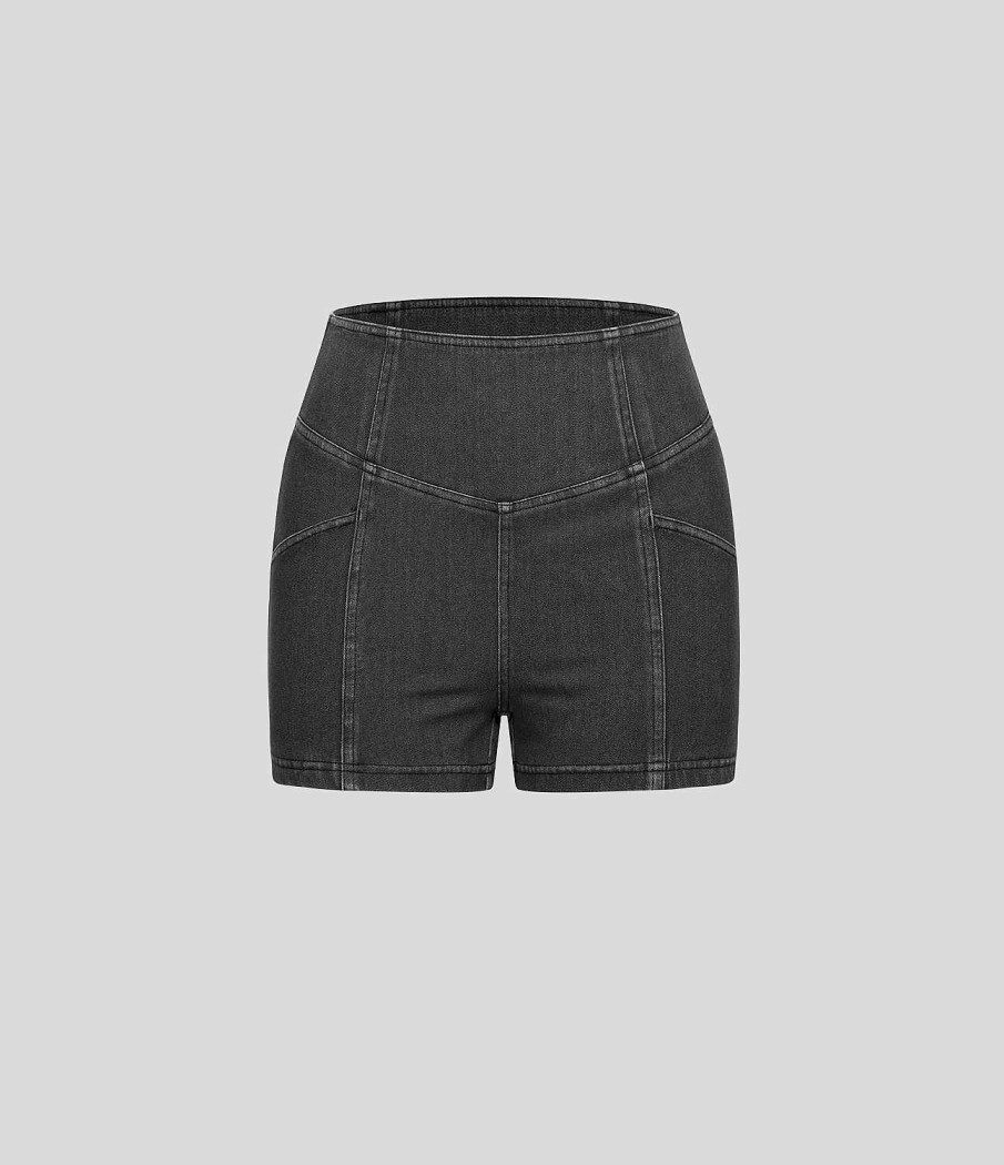 Denim HALARA | Halaramagic Hoch Taillierte, V-Formige Seitentasche, Cooles Touch, Atmungsaktiv, Gewaschener, Dehnbarer Strick-Denim, Lassige Shorts, 6,3 Cm (2,5 Zoll)