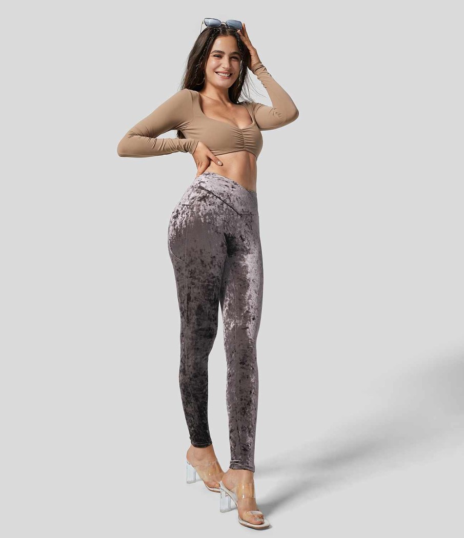 Leggings HALARA | Lassige 7/8-Leggings Aus Samt Mit Hoher Taille Und Uberkreuzten Seitentaschen