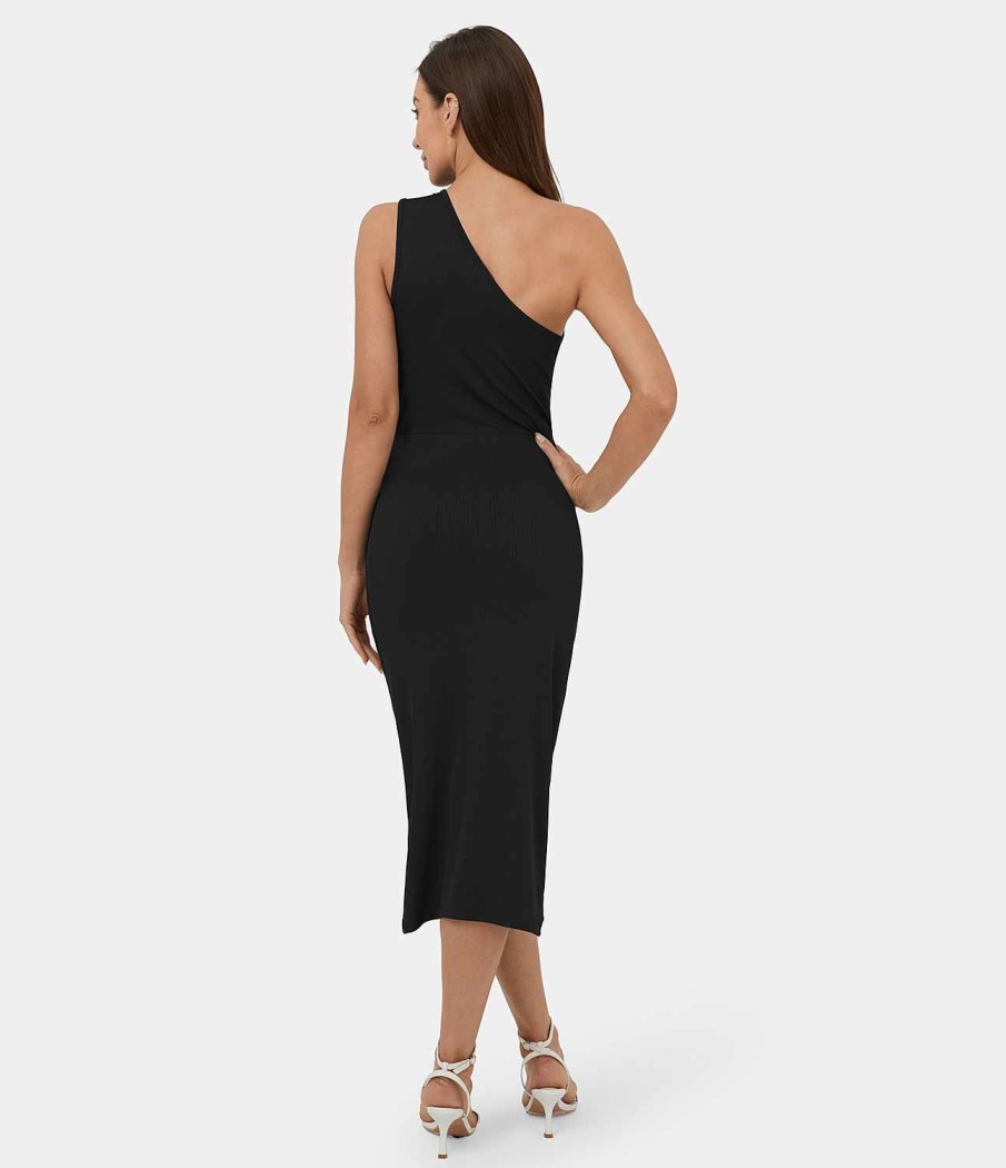 Kleider HALARA | One-Shoulder-Ausschnitt, Ruckenfrei, Geruschter, Uberkreuzter Saum, Figurbetontes Midi-Freizeitkleid