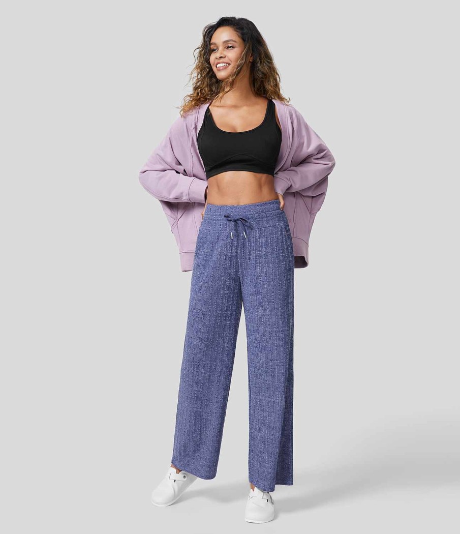 Jogginghosen Und Hosen HALARA | Gerippte, Hoch Taillierte Lounge-Hose Mit Kordelzug Und Seitentaschen Und Weitem Bein