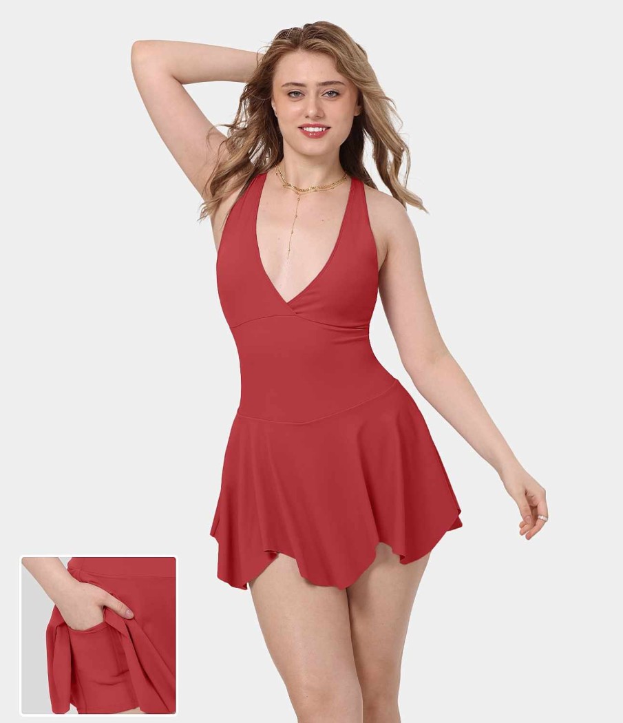 Kleider HALARA | Armelloses 2-In-1-Mini-Freizeitkleid Mit Tiefem V-Ausschnitt Und Seitentaschen