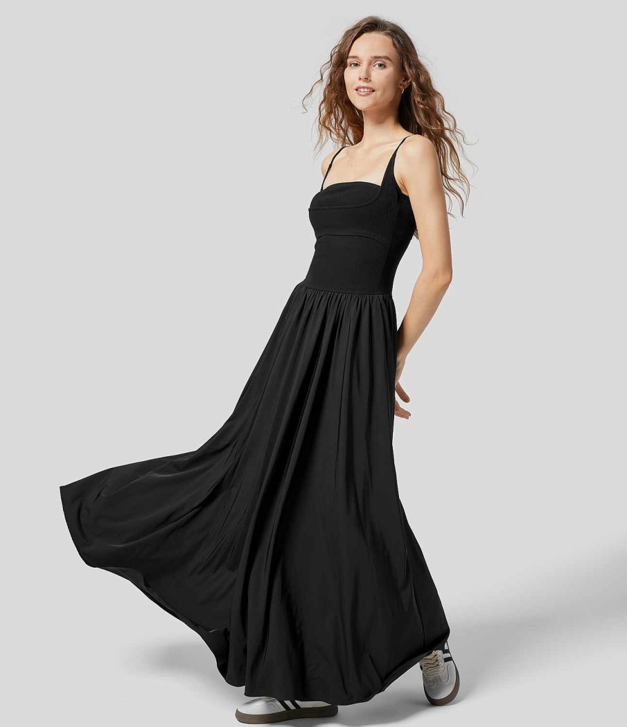 Kleider HALARA | Breezeful Ruckenfreies, Plissiertes, Fliesendes, Ausgestelltes Maxi-Slip-Kleid Mit Seitentaschen, Schnell Trocknend