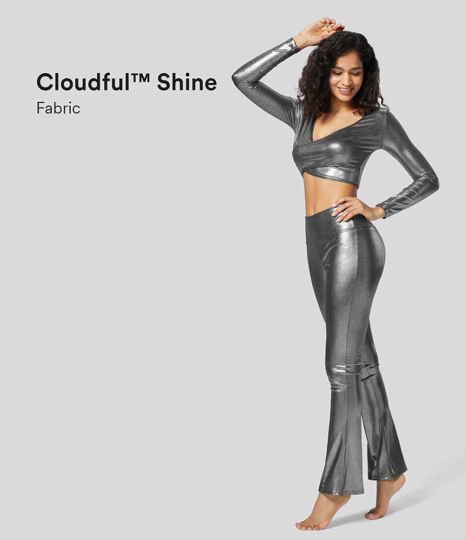 Rocke Und Skorts HALARA | Cloudful Shine-Stoff, Tiefer V-Ausschnitt, Uberkreuzter Saum, Langarmliges, Verkurztes, Dehnbares Party-Sportoberteil Aus Kunstleder Mit Metallic-Foliendruck