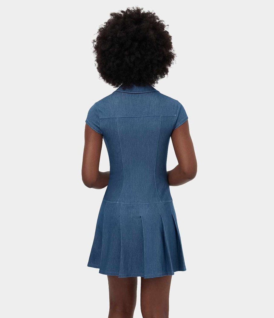 Denim HALARA | Halaramagic Mini-Freizeitkleid Aus Dehnbarem Denim-Strick Mit Kragen Und Tiefem V-Ausschnitt