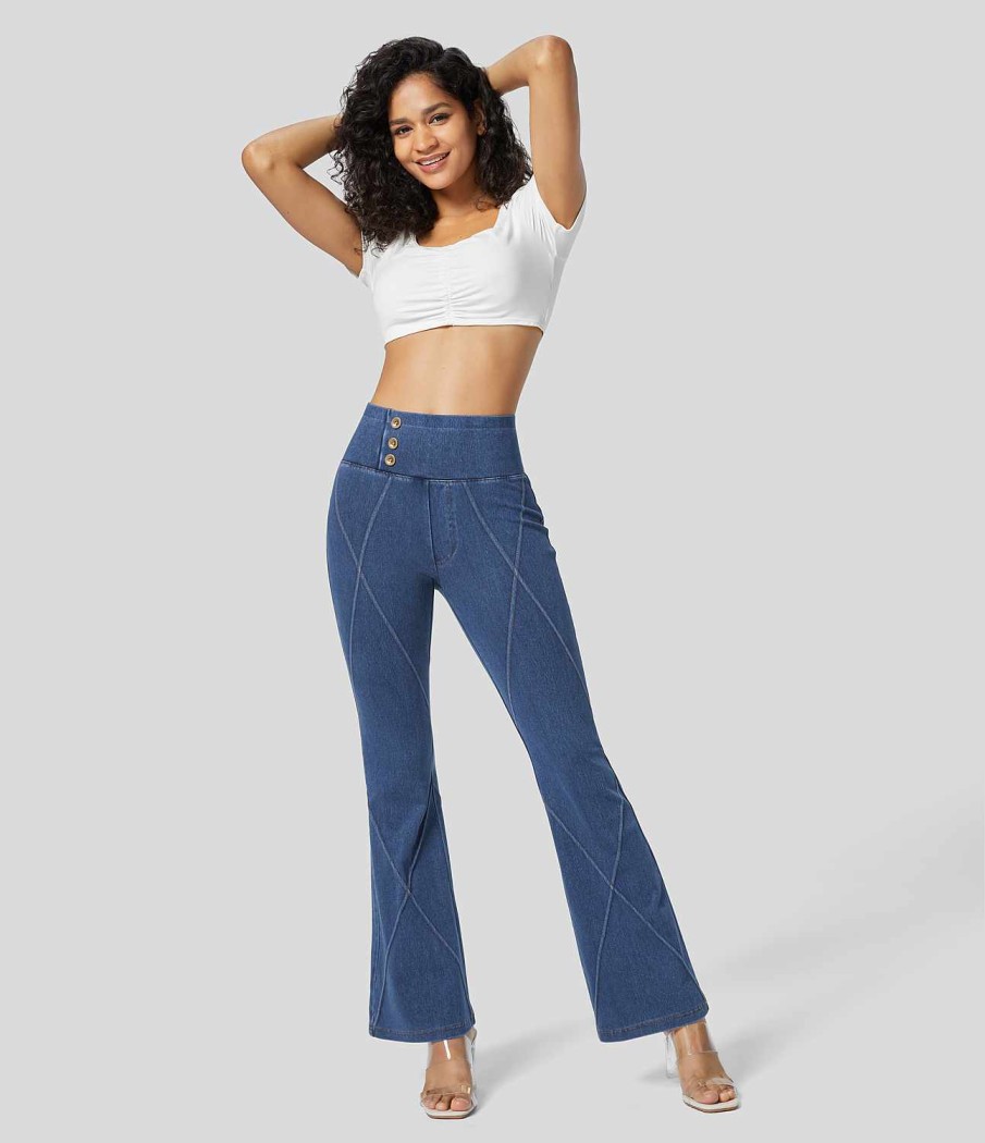 Denim HALARA | Halaramagic Lassige Flare-Jeans Aus Gewaschenem, Dehnbarem Strick Mit Hoher Taille, Knopfen Und Ziernahten