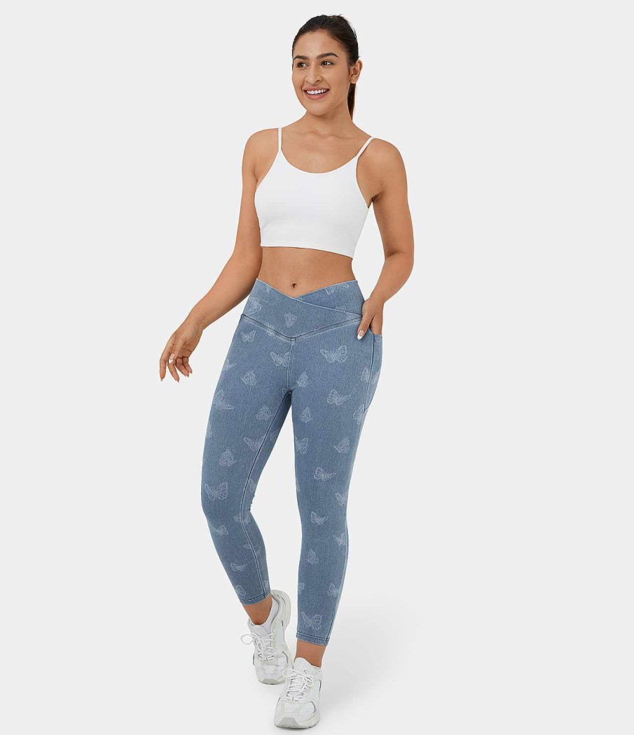 Denim HALARA | Halaramagic Lassige 7/8-Leggings Aus Elastischem Strick-Denim Mit Hoher Taille, Uberkreuzten Seitentaschen Und Schmetterlingsdruck