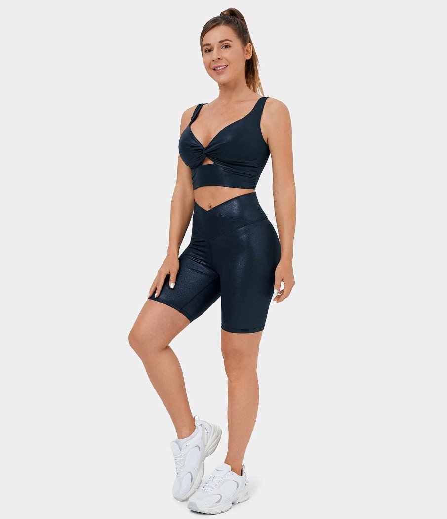 Rocke Und Skorts HALARA | Cloudful Shine Fabric Low Support Twisted Cut Out Ruckenfreier Foliendruck Dehnbarer Yoga-Sport-Bh Aus Kunstleder