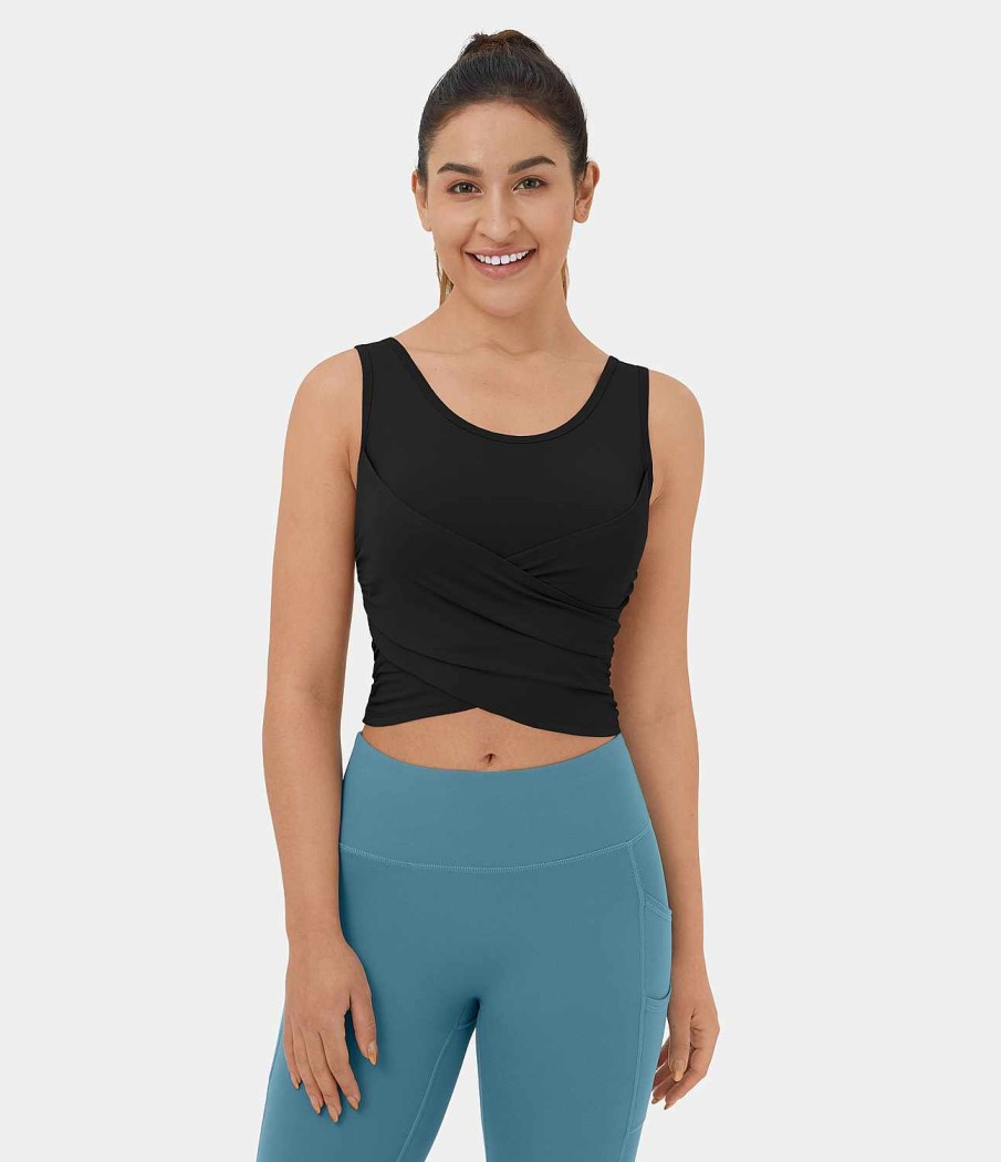 Kleidung HALARA Kurz Geschnittene Oberteile | Cloudful Air Fabric Rundhals-Crossover-Saum Mit Plissiertem, Gestapeltem, Verkurztem Cool-Touch-Yoga-Tanktop