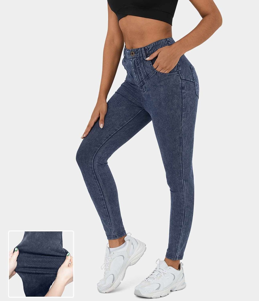 Denim HALARA | Halaramagic Freizeit-Leggings Aus Elastischem Strick-Denim Mit Hoher Taille Und Knopfen Und Mehreren Taschen