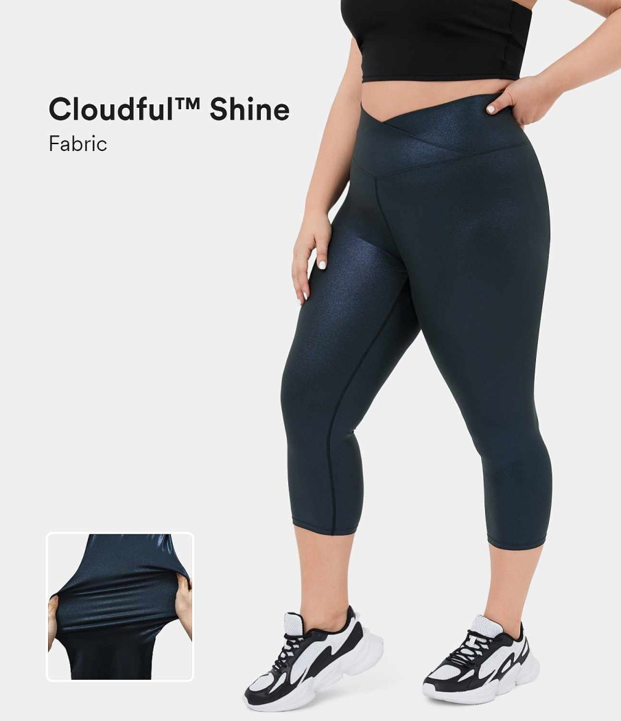 Rocke Und Skorts HALARA | Cloudful Shine Fabric Crossover-Ruckentasche Mit Foliendruck, Dehnbare Yoga-Capri-Leggings Aus Kunstleder In Ubergrose