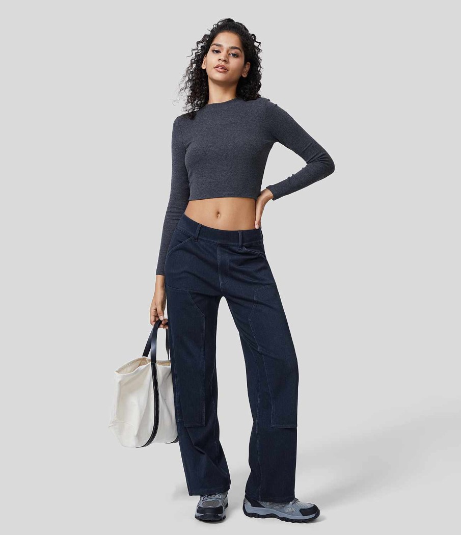 Leggings HALARA | Halaramagic Mid Rise Utility-Taschen, Gerades Bein, Dehnbare, Gestrickte, Lassige Boyfriend-Jeans Im Holzfaller-Stil